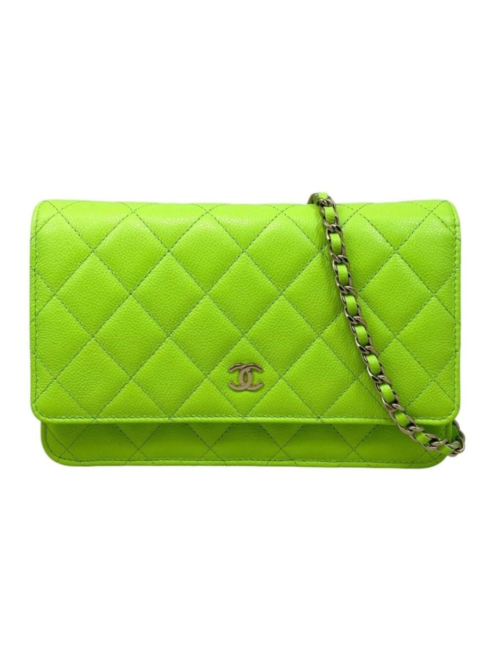 Chanel Shoulder Bag Chain Wallet Quilted Caviar Leather CC Logo Green Gold